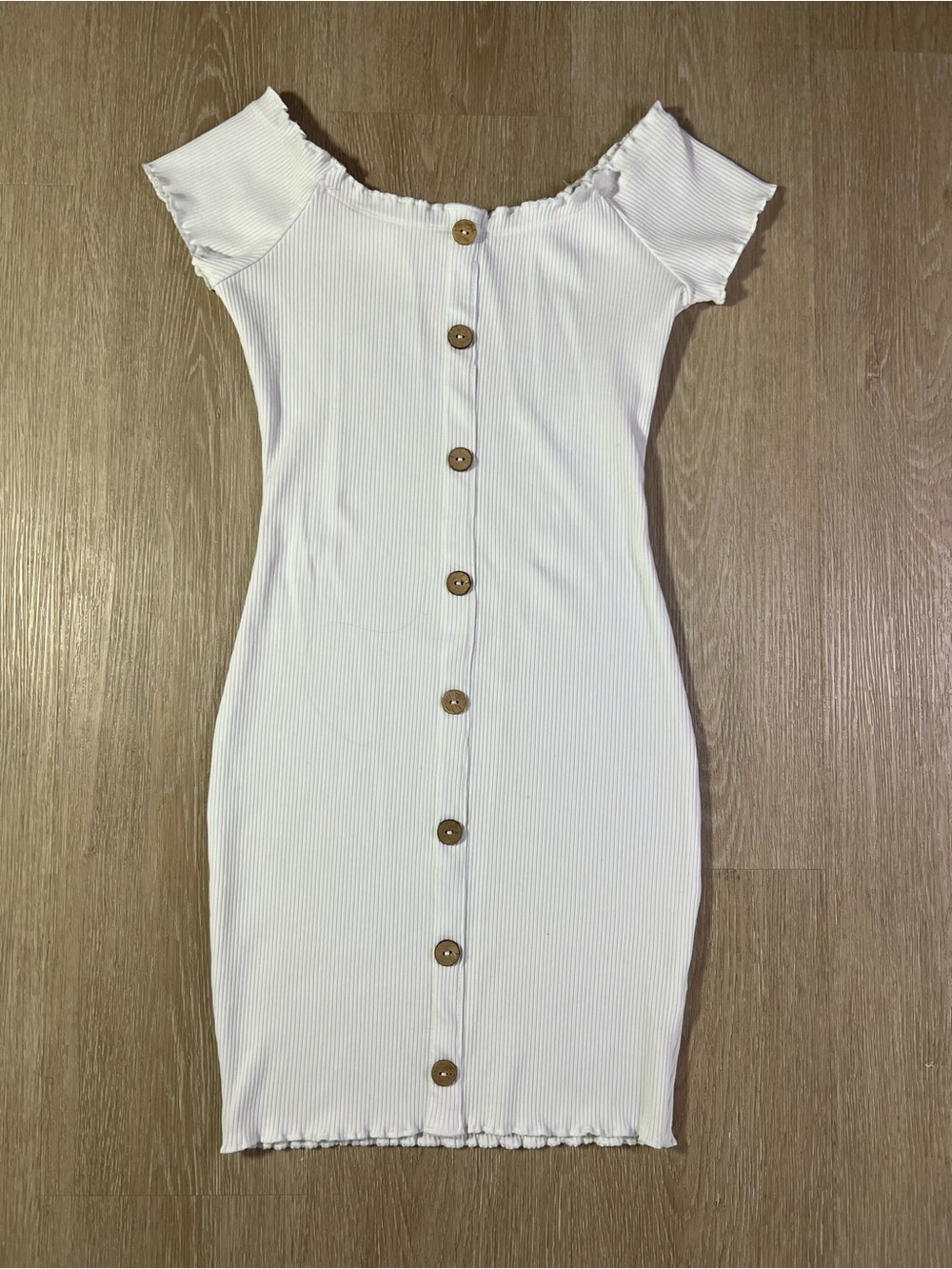 Revamped White Off-Shoulder Faux Button-Front Ribbed Mini Dress Women’s Large